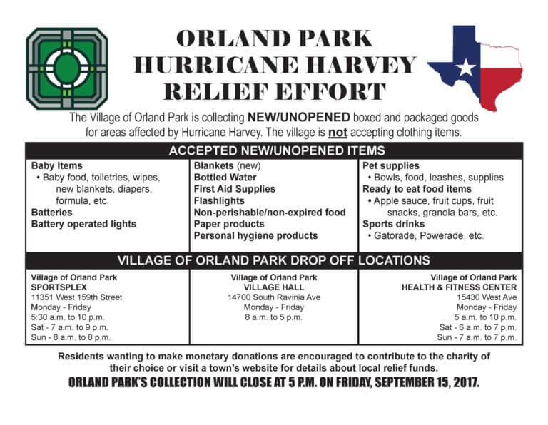 Orland Park Hurricane Harey Relief effort for victims of the flooding in Houston, Texas and the surrounding area